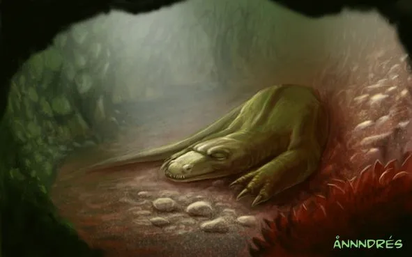 Arte conceptual de un dinosaurio durmiendo. | ånnndres