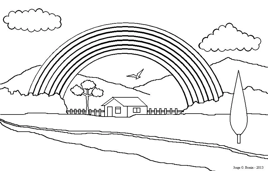 Arte no Paint: Desenho para colorir: paisagem e arco-