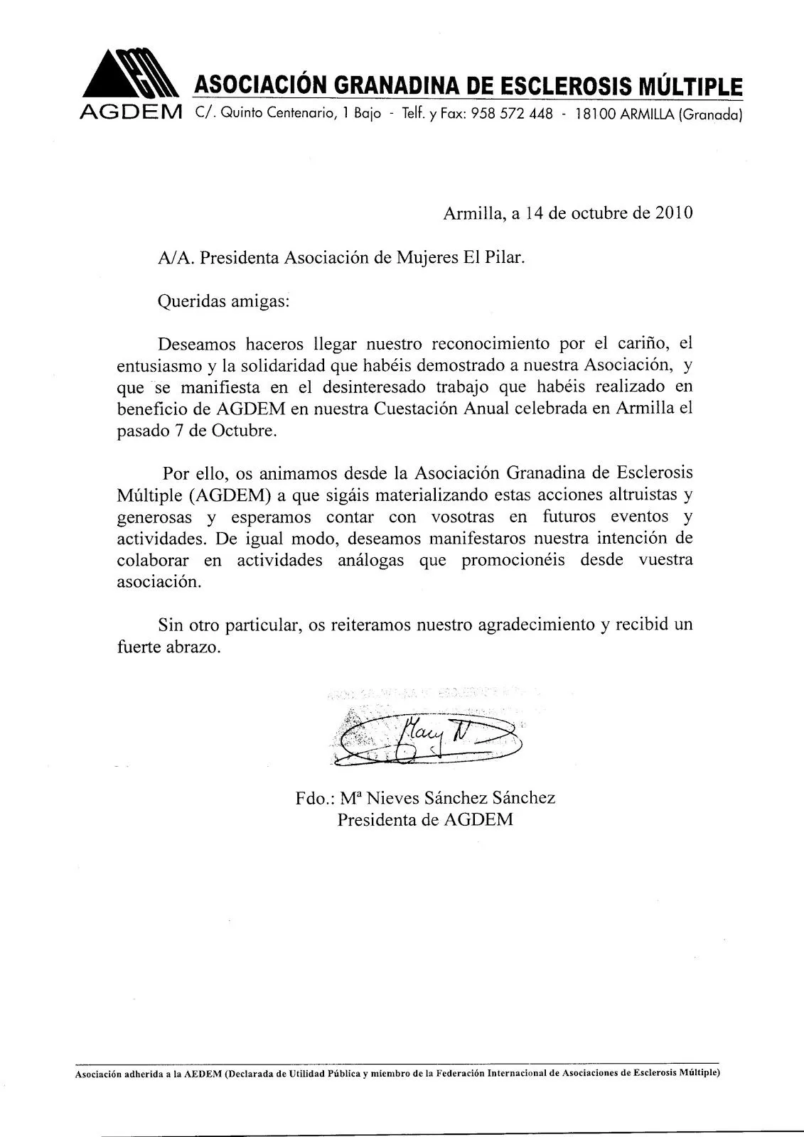 ASOCIACION DE MUJERES EL PILAR DE ARMILLA: CARTA DE AGRADECIMIENTO ...