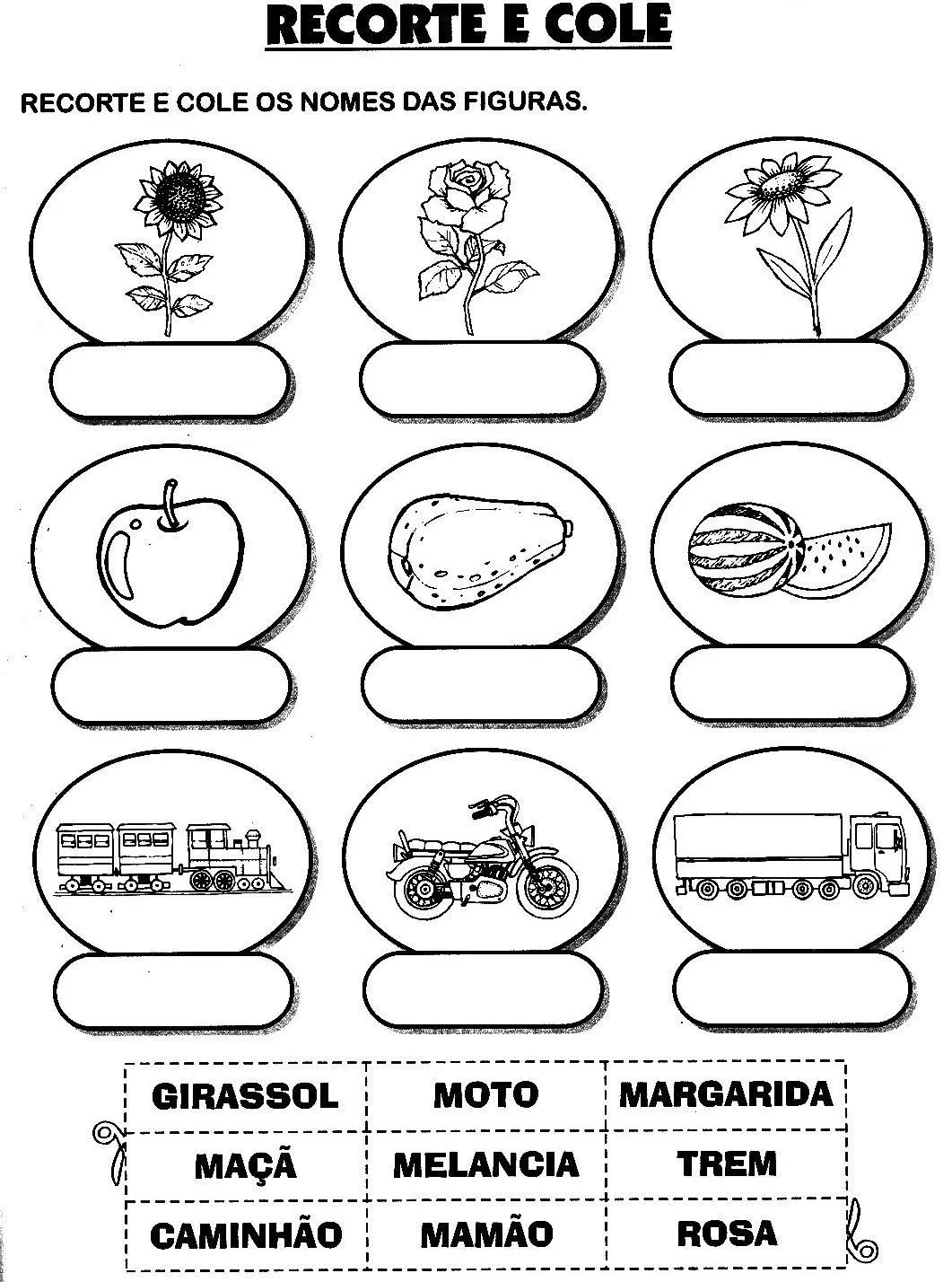 atividades para recortar e cortar - nomes de frutas flores e ...