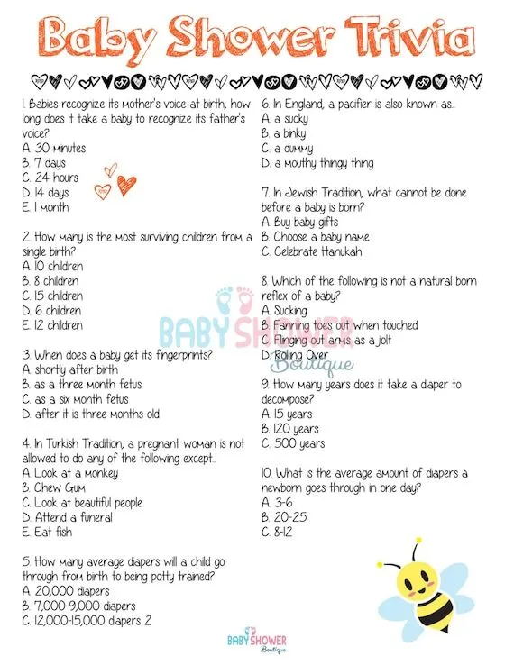 Baby Shower Trivia Baby Shower Game ORANGE por eBabyShowerBoutique