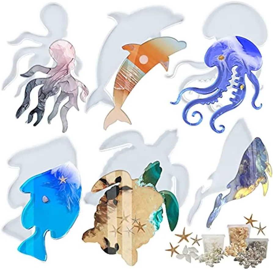 Bandeja de silicona de resina epoxi de animales marinos, moldes de pescado  delfín, medusa, tortuga, pulpo, ballena, para colgar en la pared, posavasos  con mini incrustaciones de estrellas de mar : Amazon.com.mx: