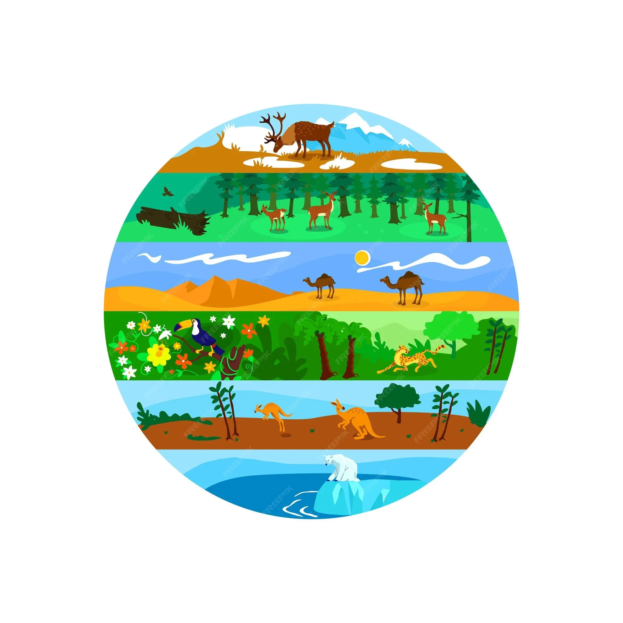 Banner web 2d de biodiversidad, póster. vida salvaje mundial. paisaje plano de variedad de naturaleza global sobre fondo de dibujos animados. parche imprimible del ecosistema terrestre y marino, elemento web colorido |