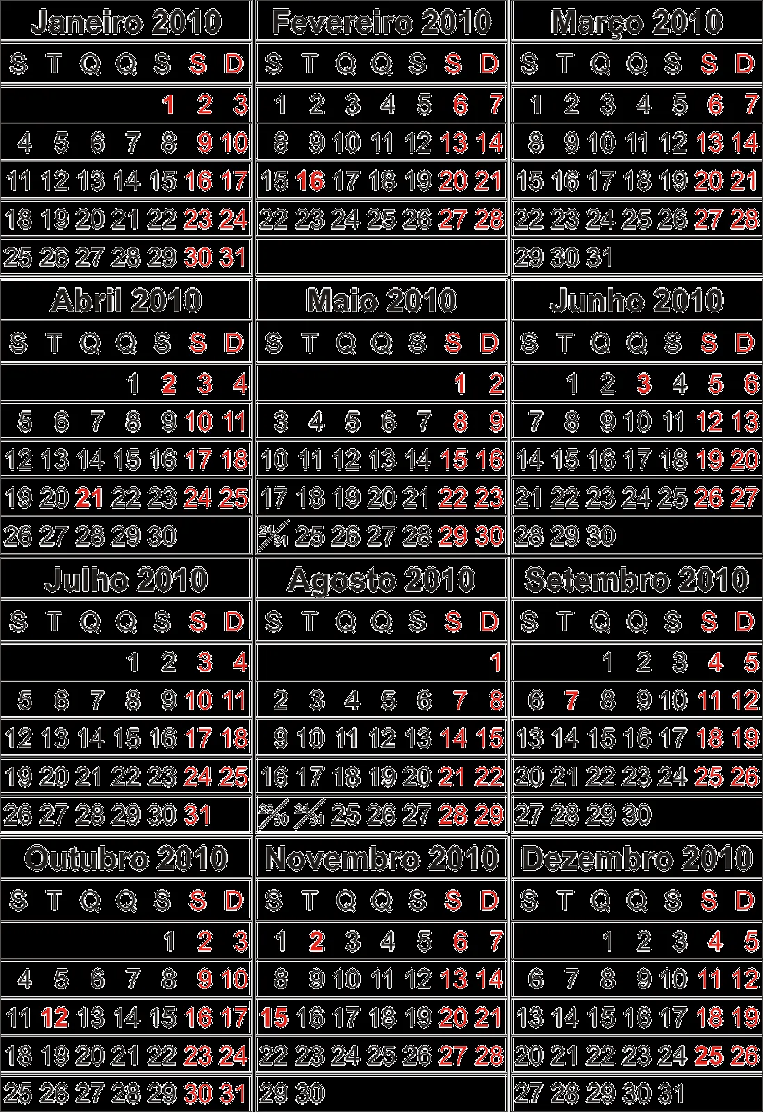 Bases de Calendário 2010 a 2014 com feriados nacionais (PNG ...