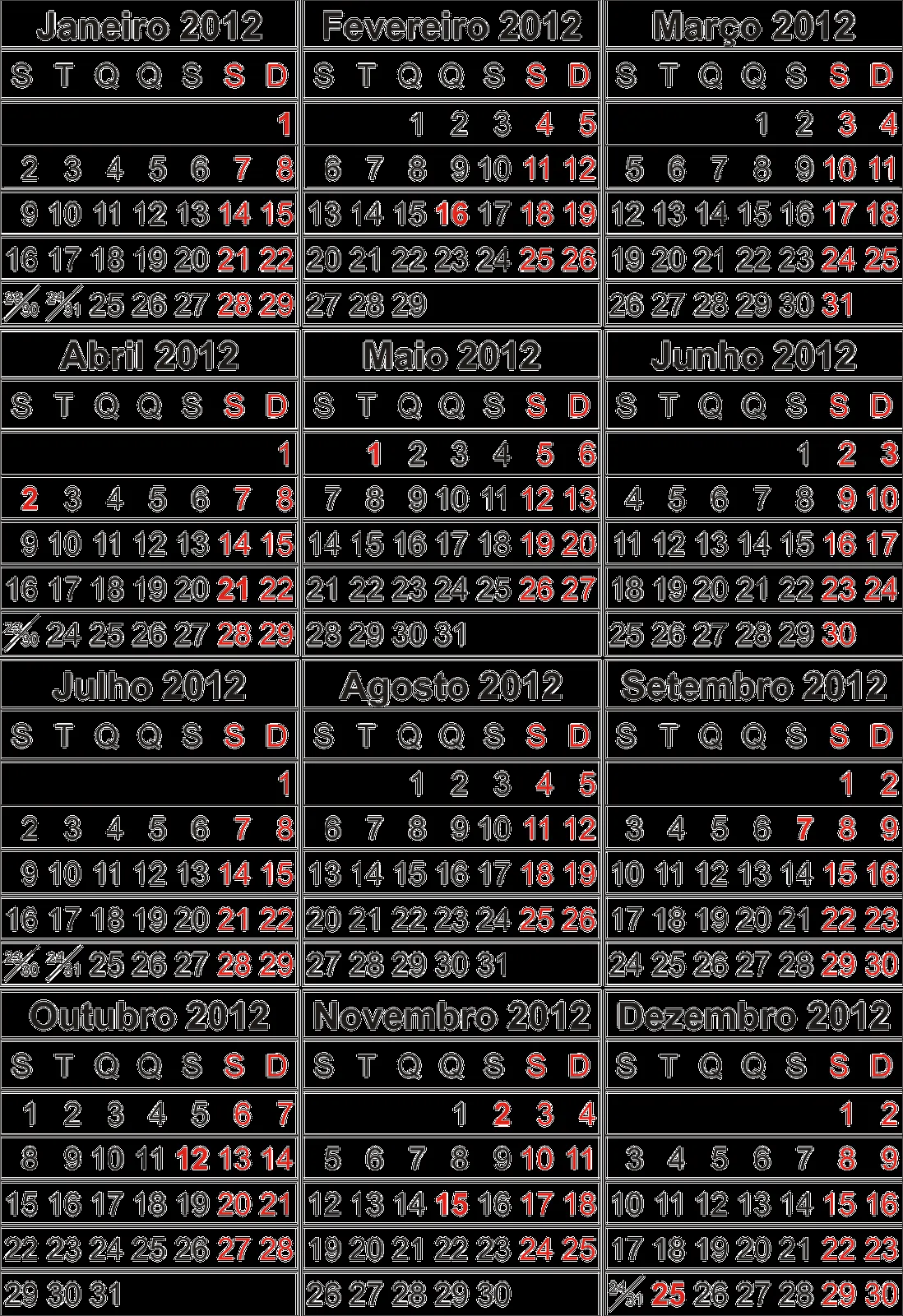 Bases de Calendário 2010 a 2014 com feriados nacionais (PNG ...