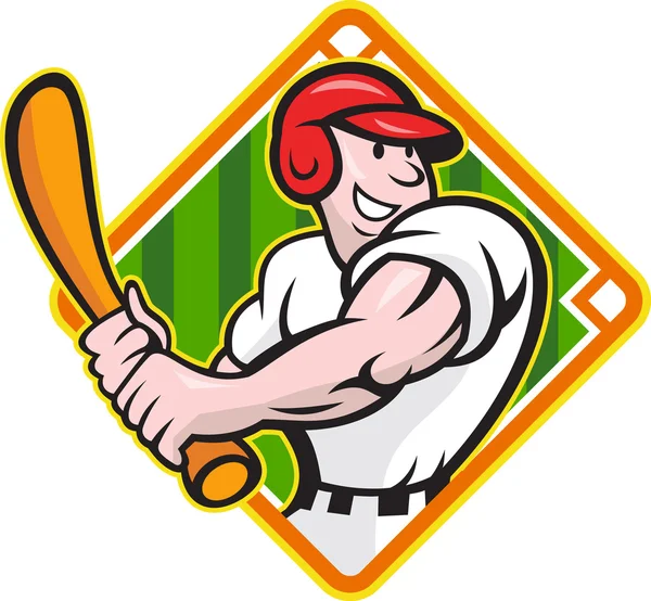 bateo de dibujos animados de béisbol jugador diamante — Vector ...