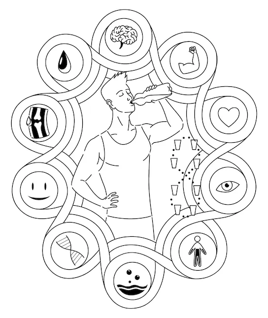 Beneficios del agua potable en el estilo de color hidratación del cuerpo  humano saludable hombre con botella bebe agua iconos de ventajas cuidado de  la salud bebida infografía articulaciones lubricadas y tono