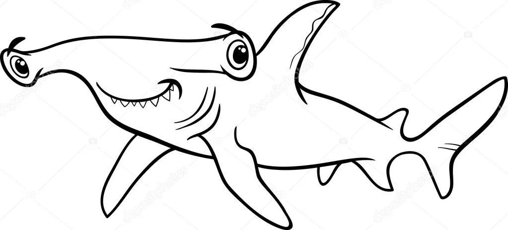 Black and White Cartoon Illustration of Hammerhead Shark Fish Sea ...