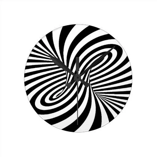 BLACK WHITE ZEBRA SWIRLS PATTERNS OPTICAL ILLUSION CLOCKS from Zazzle.