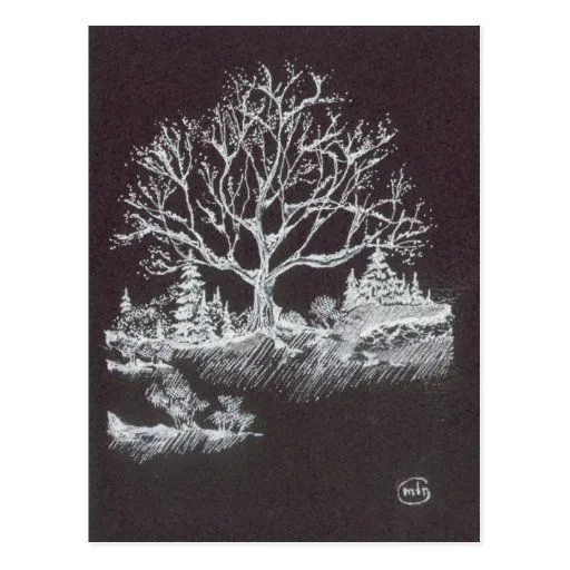 Blanco en el dibujo negro del paisaje del invierno postal | Zazzle