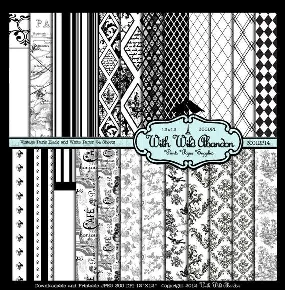 Blanco y Negro Digital Papel Vintage Paris Set por withwildabandon