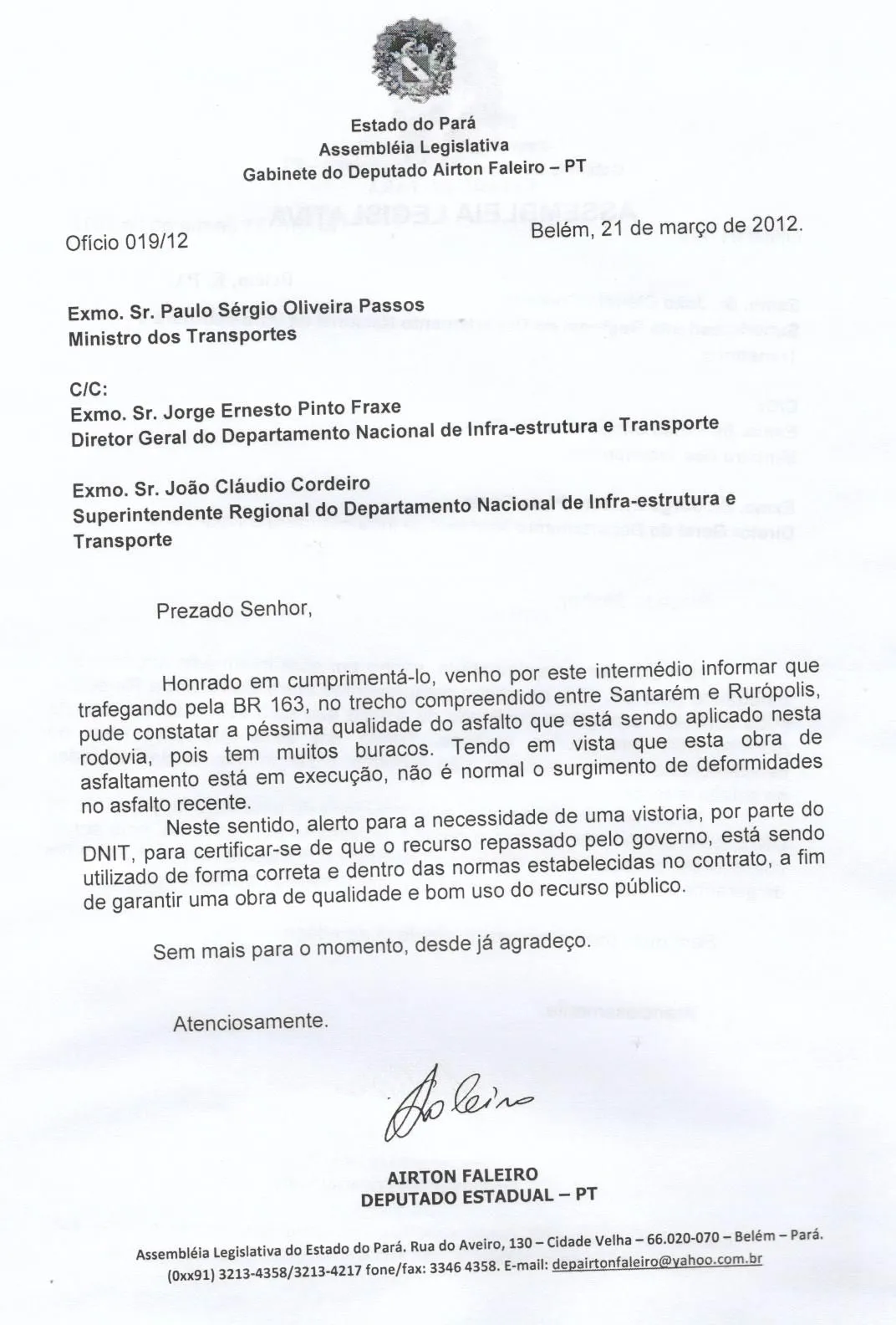 Blog do Airton Faleiro: Faleiro encaminha ofício ao Ministério dos ...