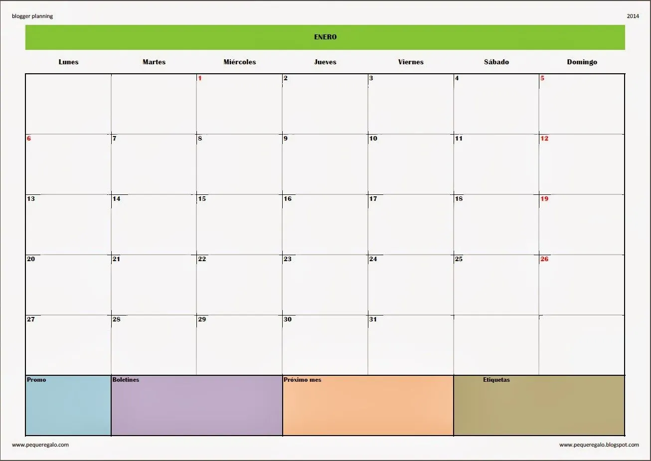 El Blog de PequeRegalo: CALENDARIO MENSUAL PARA BLOGUEROS