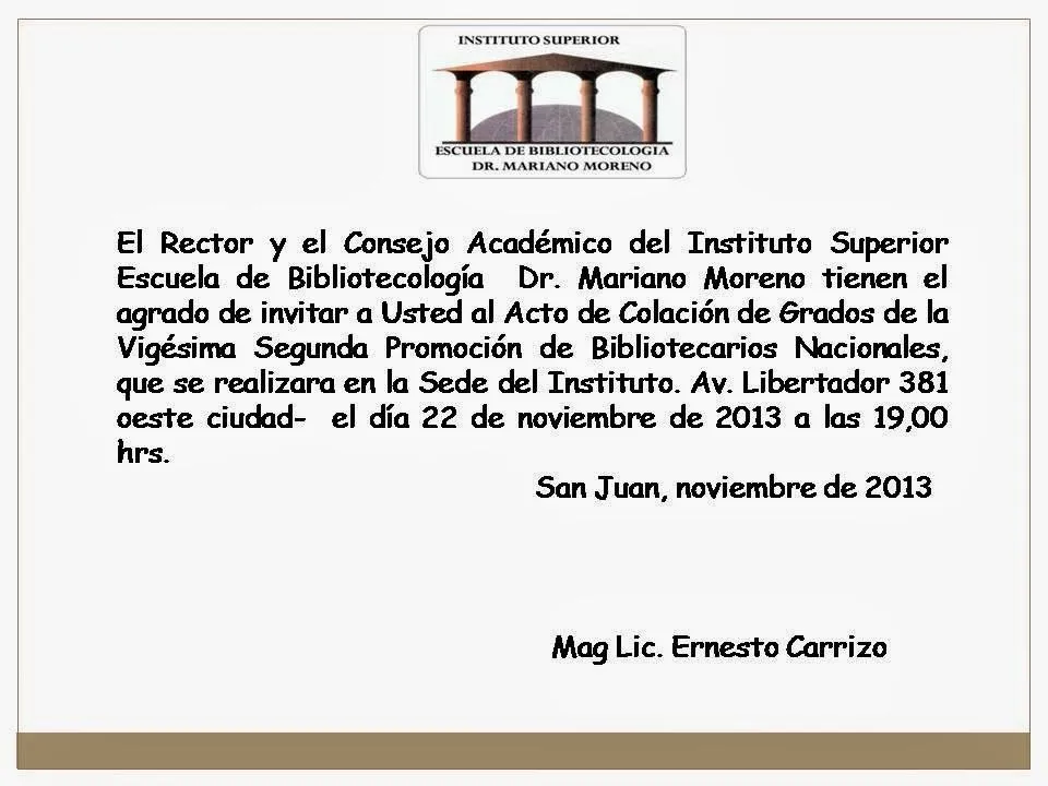 B.N- Escuela de bibliotecologia Dr M.M-1979: Invitacion al Acto de ...