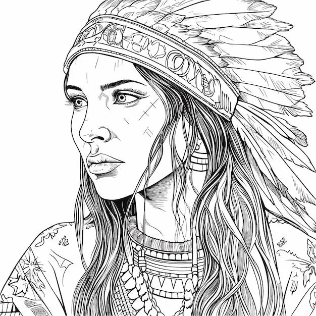 Boceto dibujado a mano arte de una sola línea página para colorear dibujo  lineal día de la mujer nativa | Vector Premium