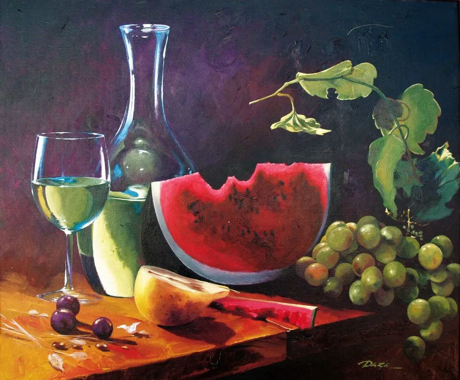 bodegon de vino, uvas y sandía Chema Daza Prieto - Artelista.