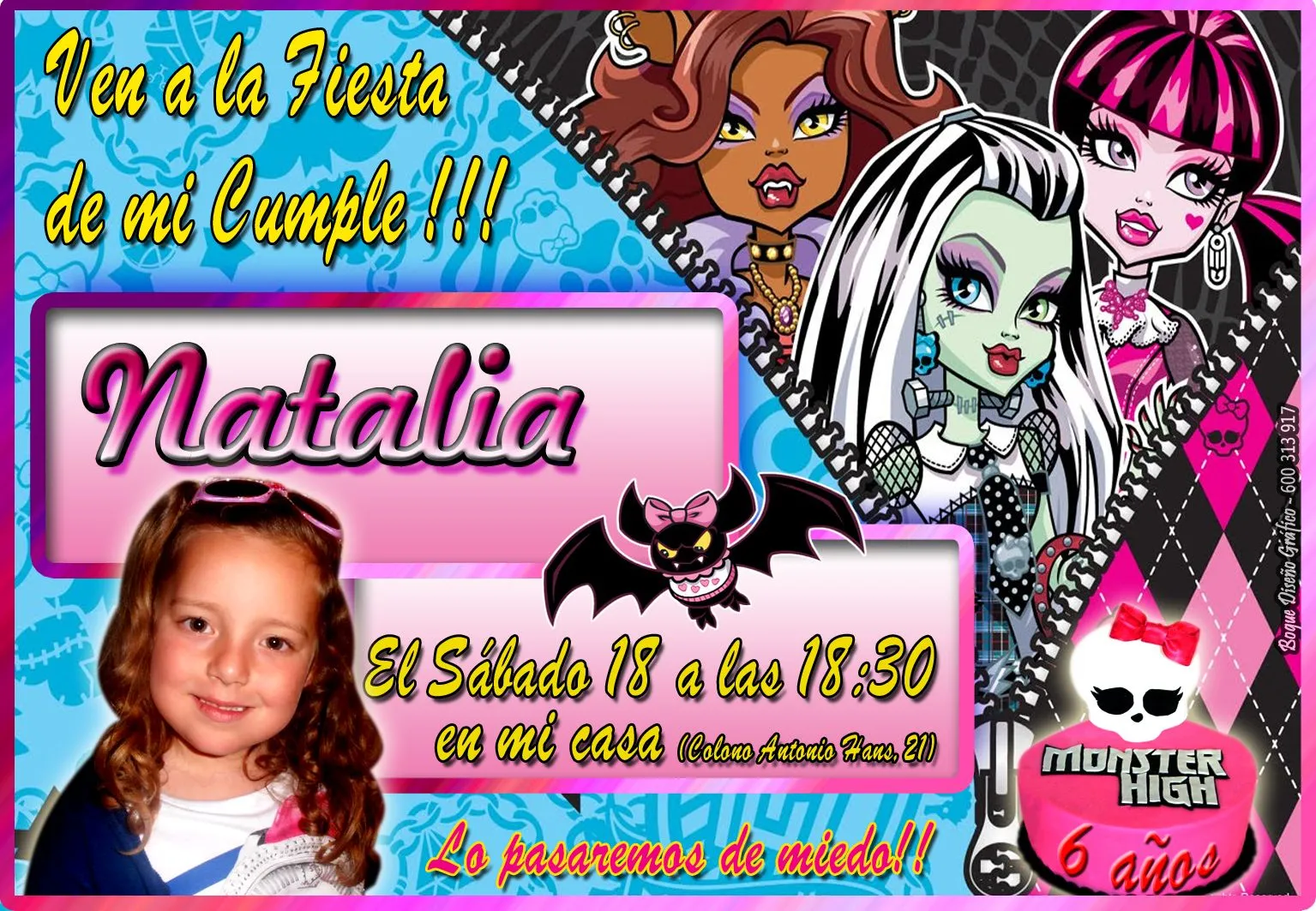 Bogue Diseño Gráfico: Tarjeta Invitación Natalia - Monster High