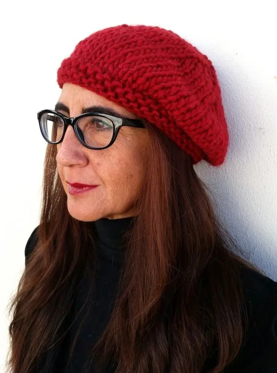 Boina roja gorro de lana gorro dos agujas boina de por EstherTg