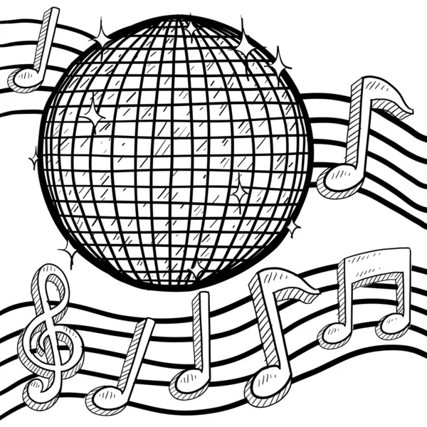 bola de discoteca con música notas bosquejo — Vector stock ...