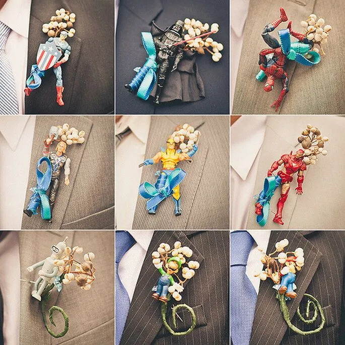 Boutonnieres divertidos para invitados de boda