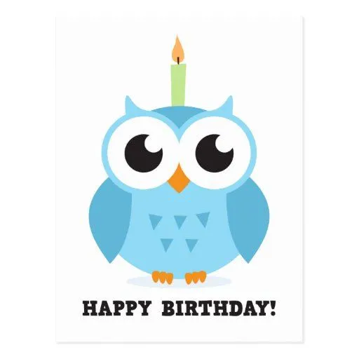 Búho azul lindo con cumpleaños del dibujo animado postal | Zazzle