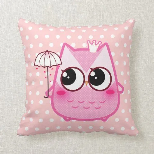 Búho rosado de Kawaii con el paraguas lindo Almohada | Zazzle