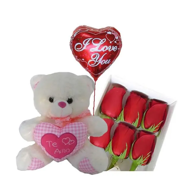 Caja 6 rosas, Globo y Osita Corazon rosa | Regalos para Enamorados ...