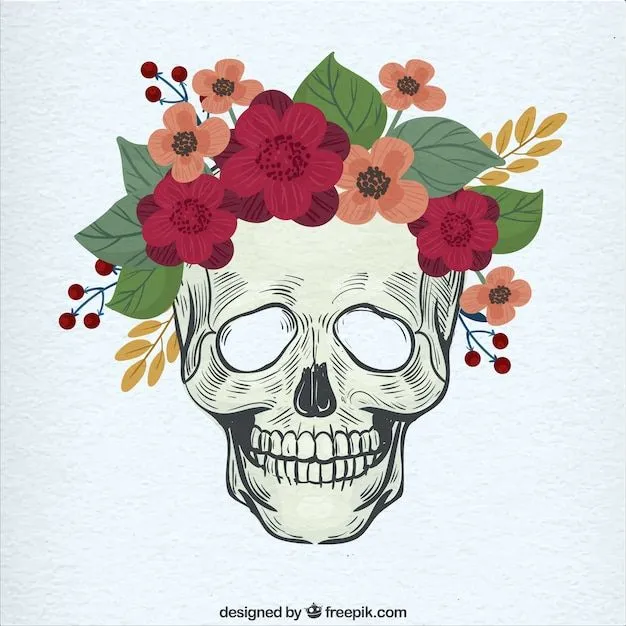 Calavera dibujada a mano con bonitas flores | Vector Gratis