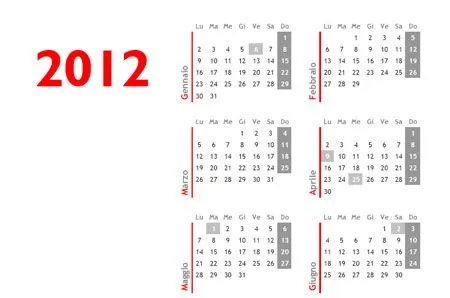 Calendario 2012 da scaricare gratis e stampare annuale in PDF