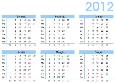 Calendario 2012 da scaricare gratis e stampare annuale in PDF