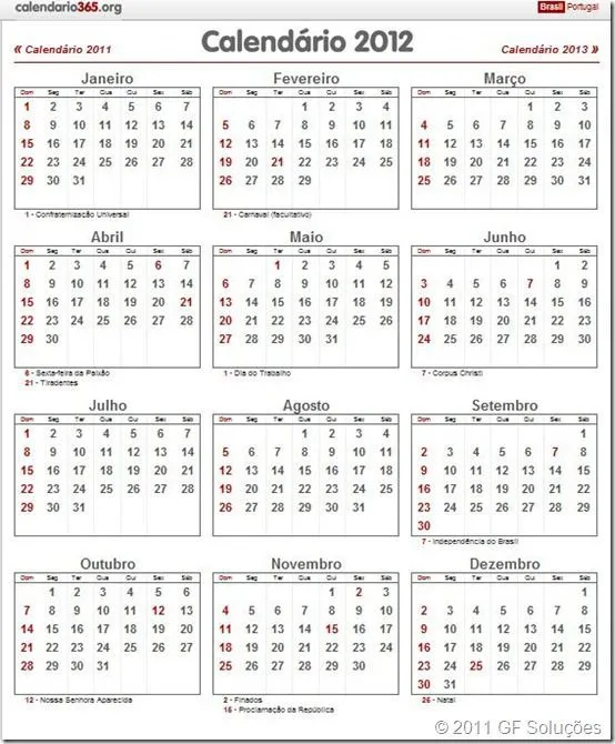 Calendário 2012 com feriados nacionais (Brasil), baixe agora