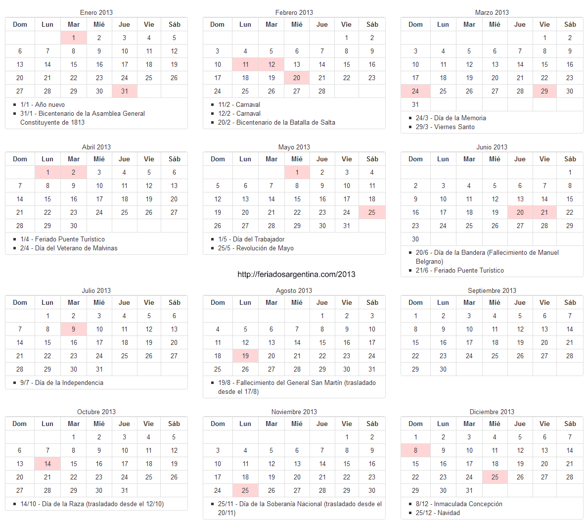 Calendario 2012 Para Imprimir Con Feriados Argentina