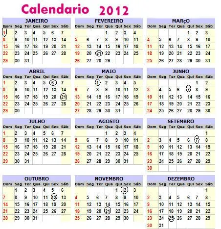 CALENDÁRIO 2012 FERIADOS NACIONAIS PARA IMPRIMIR