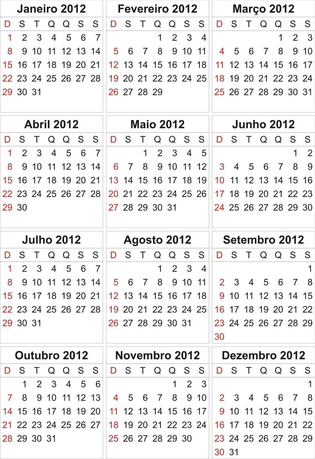 Calendário 2012 para imprimir: