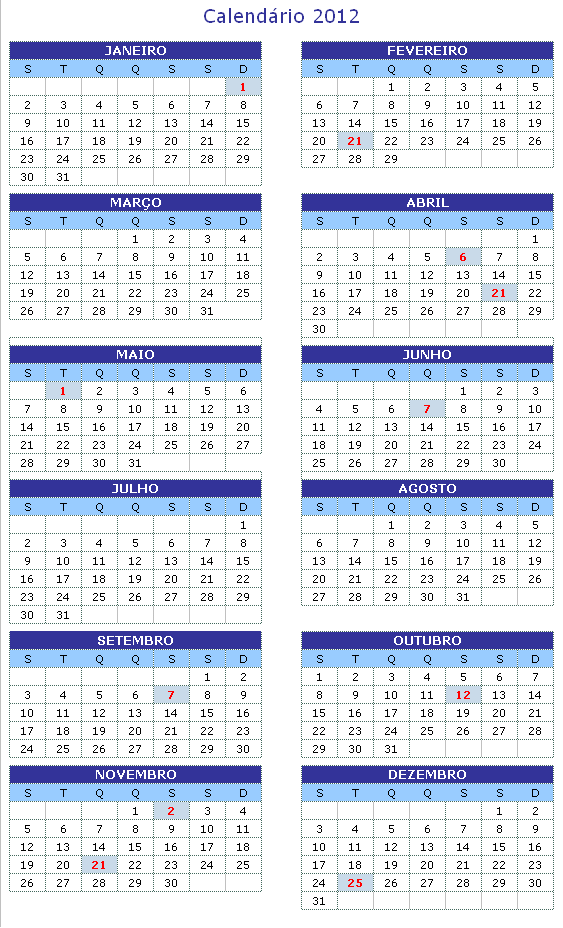 CALENDÁRIO 2012 ONLINE E FERIADOS 2012 | Notícias 2015 - 2016