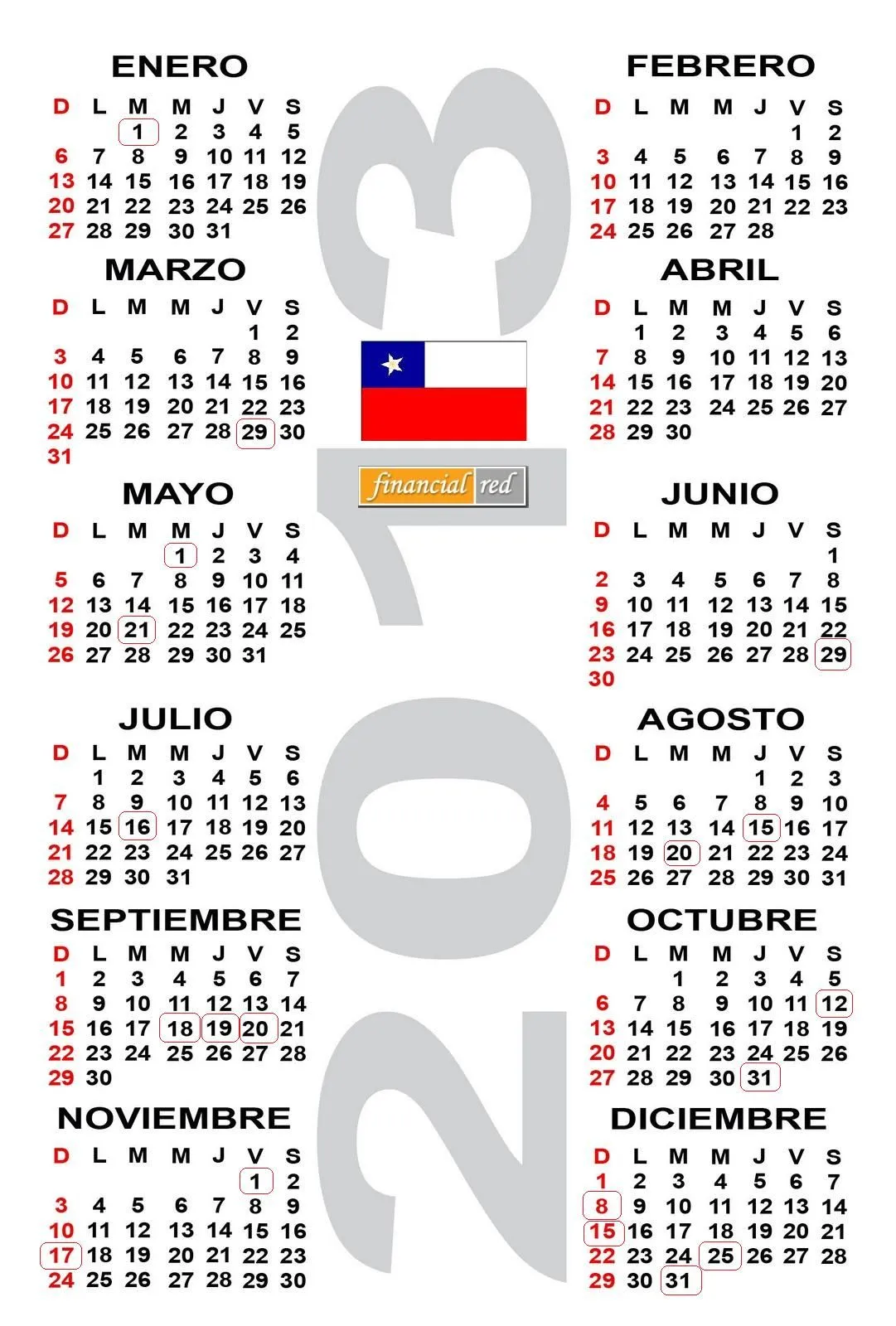 Calendario 2013 Chile para imprimir