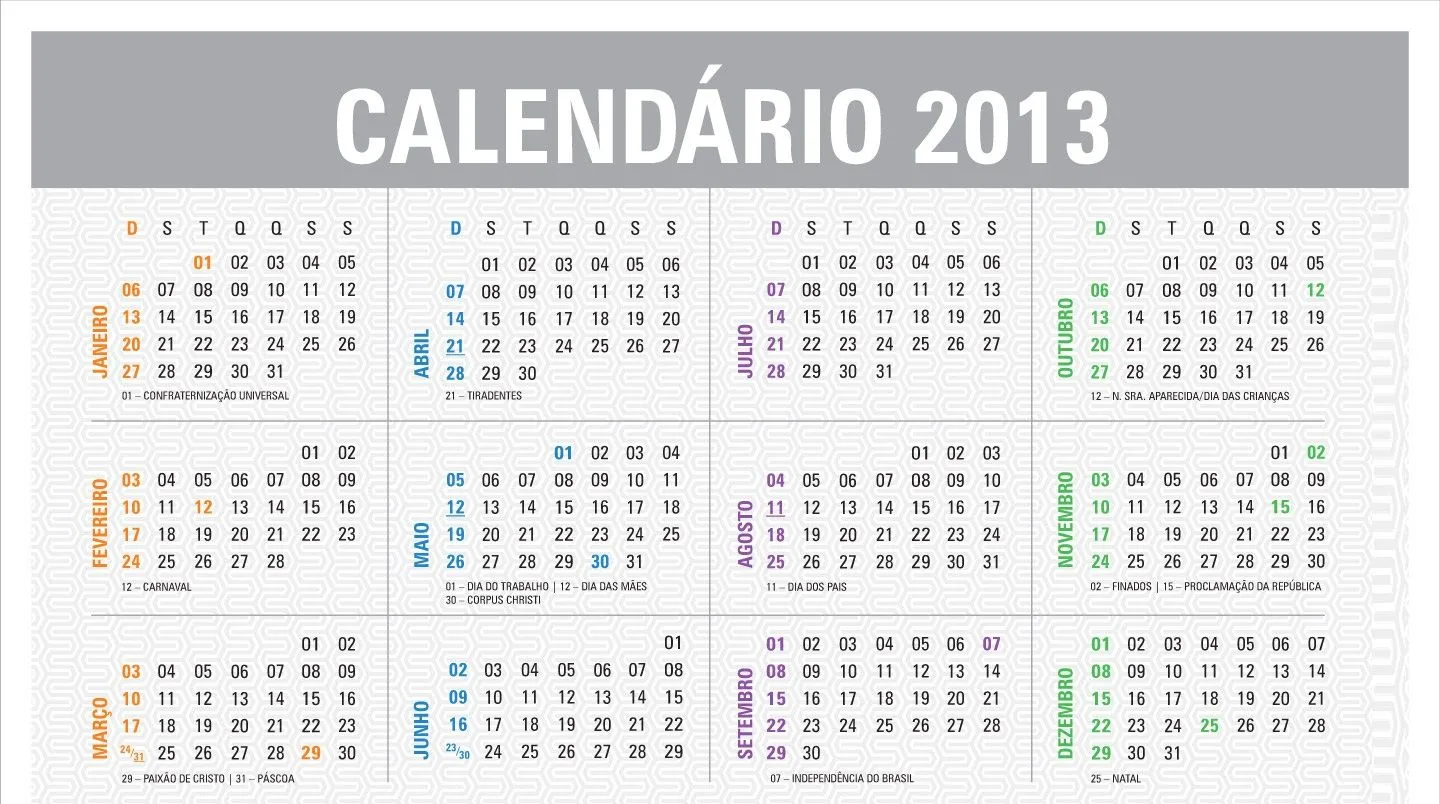 CALENDÁRIO 2013 COM FERIADOS PARA IMPRIMIR