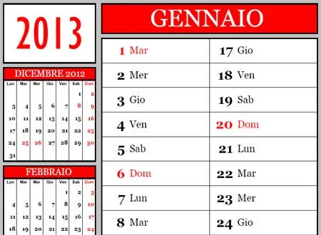 Calendario 2013 mensile 12 mesi da scaricare in PDF