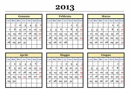Calendario 2013 da stampare scaricare gratis annuale in PDF