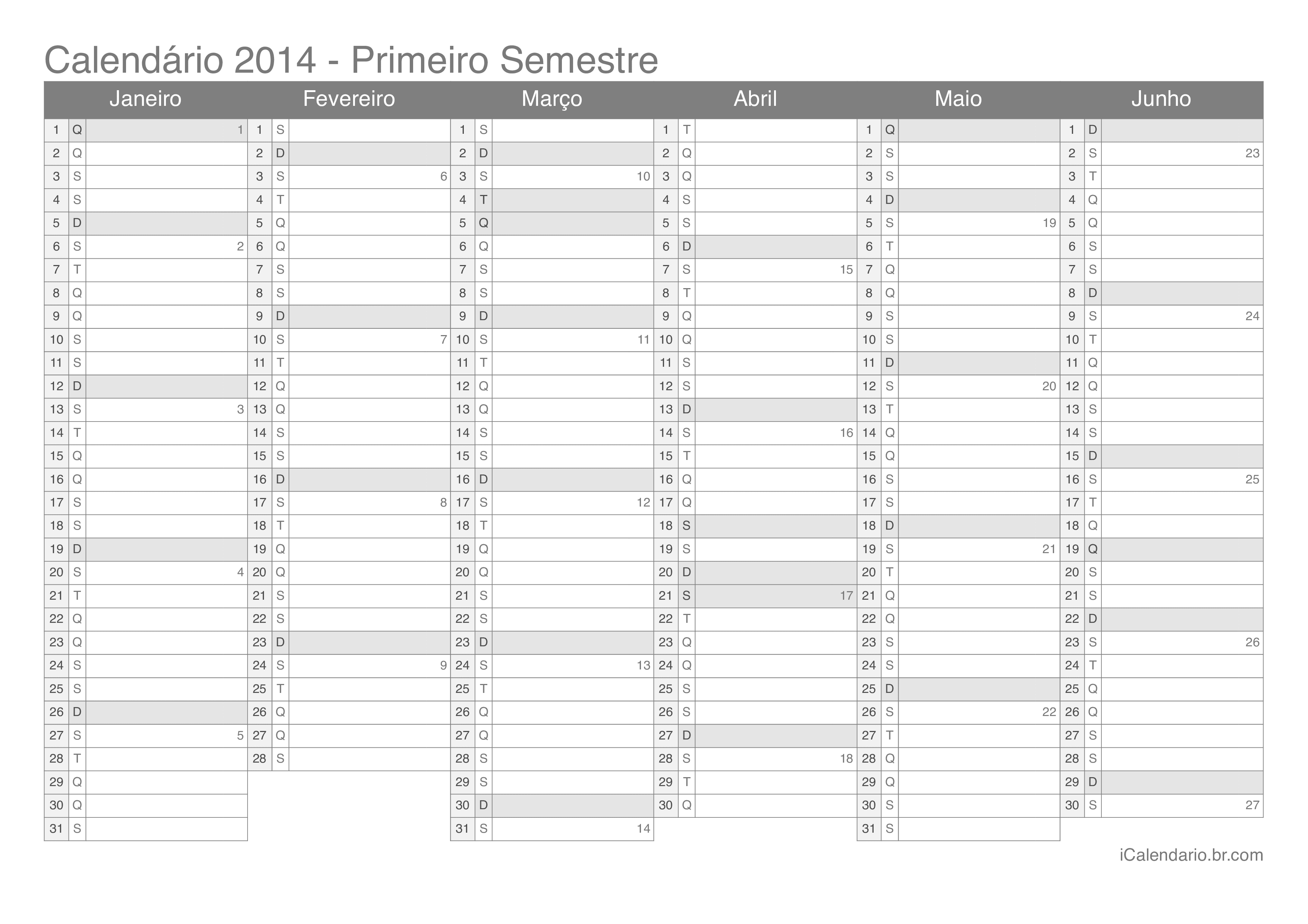 Calendario 2014 Semanal Para Impresso Calendario 2014 Para Imprimir I