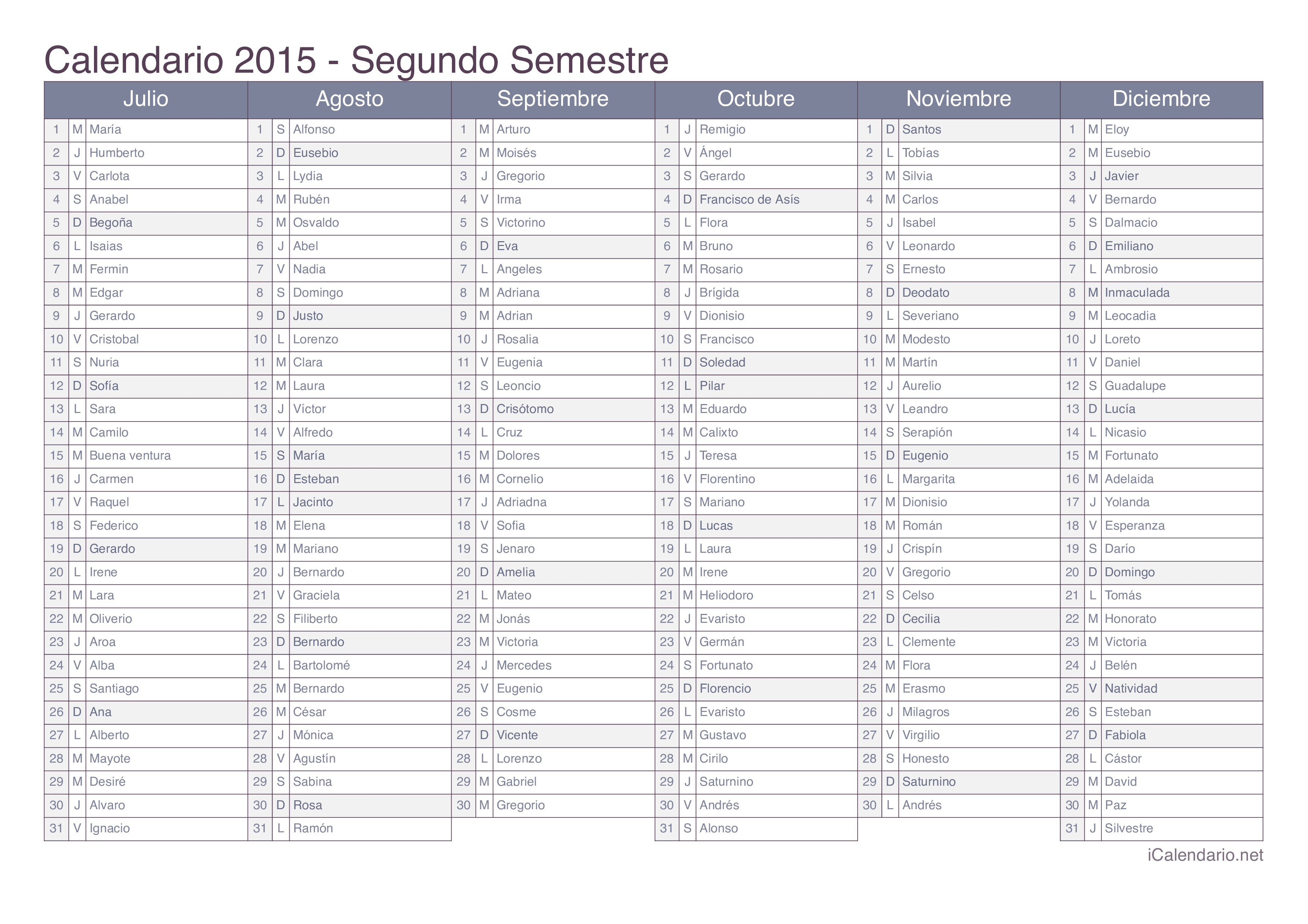 Calendario 2015 para imprimir - iCalendario.