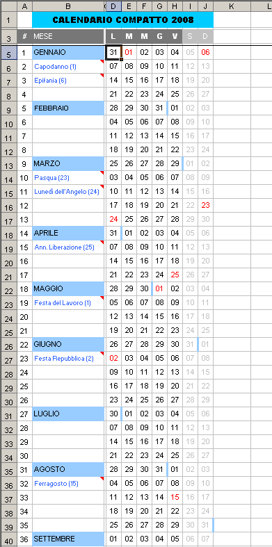 Calendario compatto 2008 | Tutti gli strumenti per il project manager