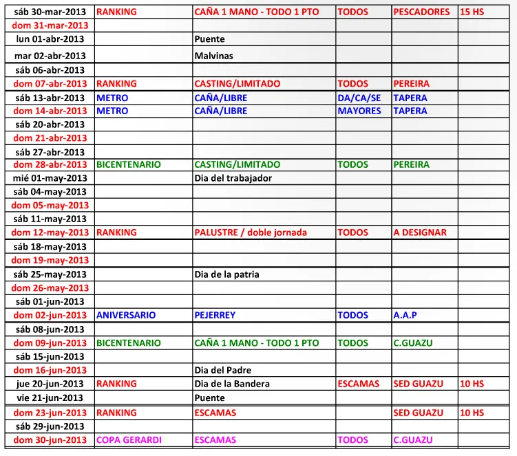 Calendario Deportivo 2013-Club de Pescadores de Buenos Aires ...