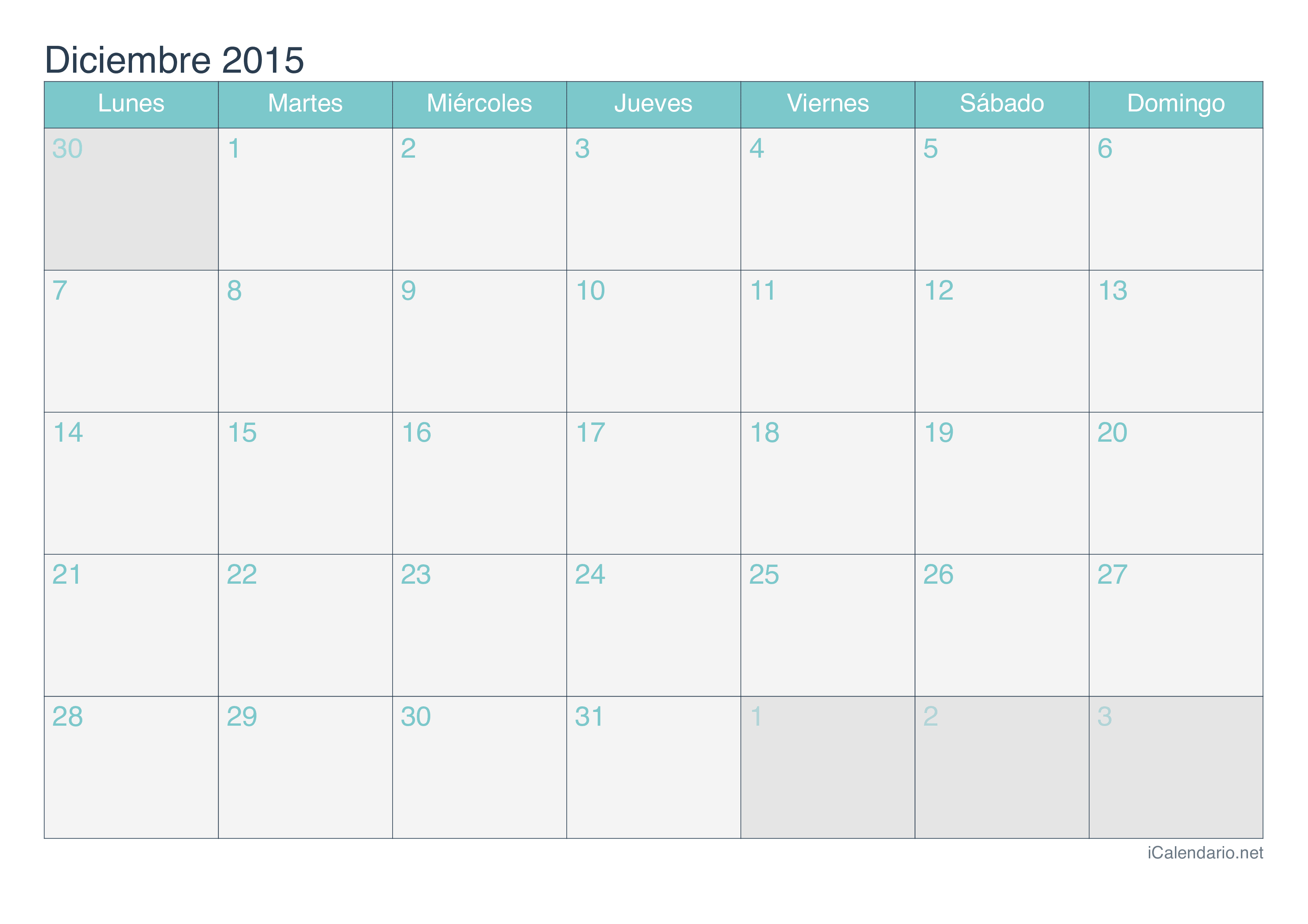 Calendario diciembre 2015 para imprimir - iCalendario.