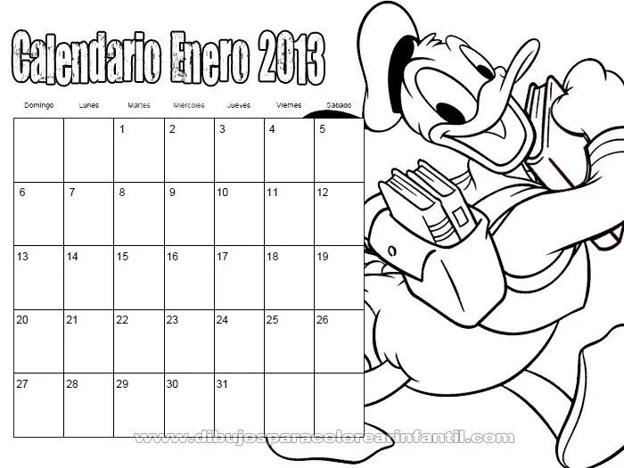 Calendario Enero 2013 del Pato Donald para colorear ~ Dibujos para ...