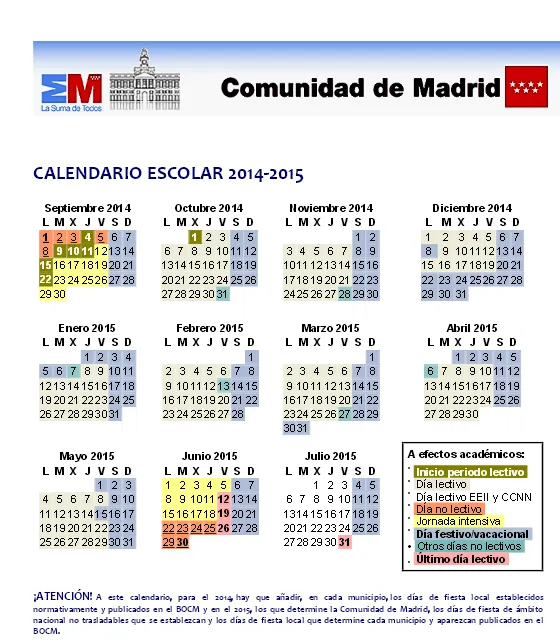 Calendario escolar Madrid 2014-2015 | Vacaciones curso 2014-2015 ...