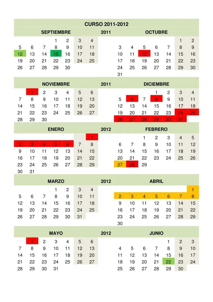escolar Curso 2011-2012 editable. Calendarios escolares provincias y ...