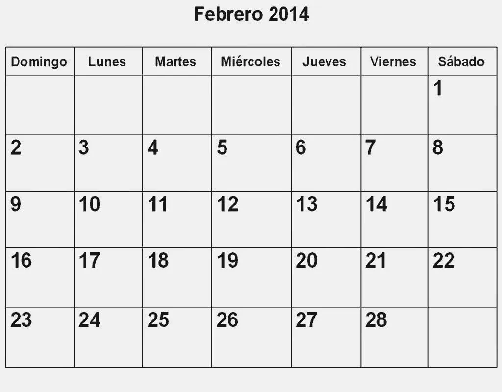 Calendario de Febrero 2014 en PDF para Imprimir