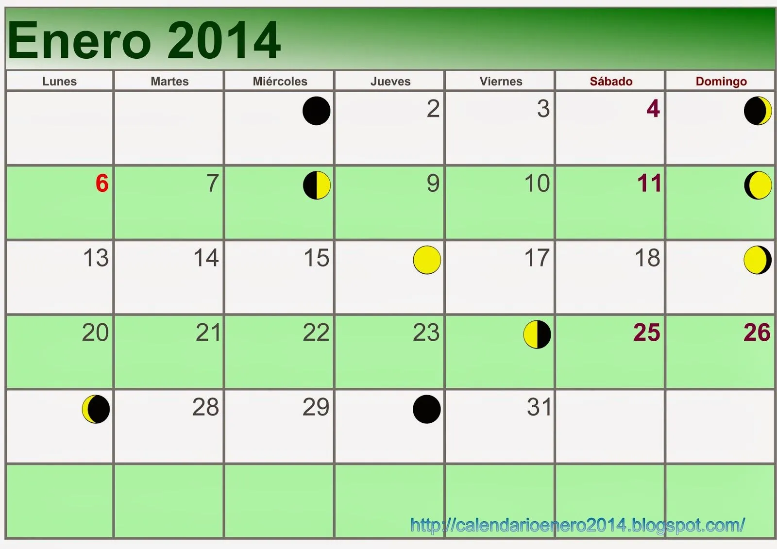 Calendario Lunar Enero 2014 - Calendario Para Imprimir Enero 2014 ...