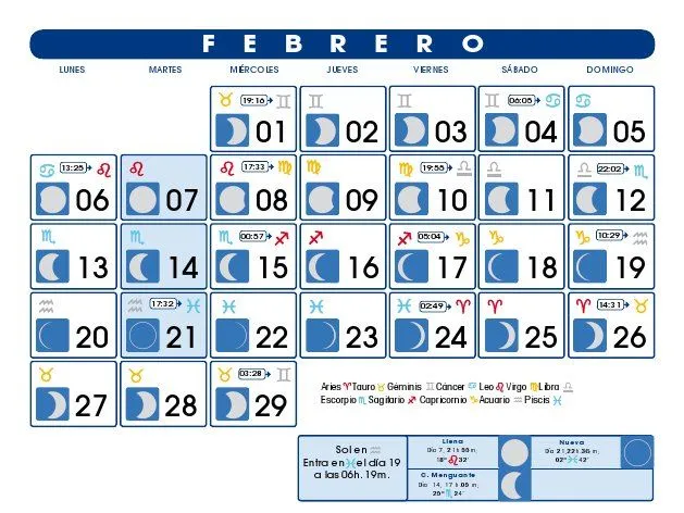 Calendario lunar para el mes de febrero de 2012.